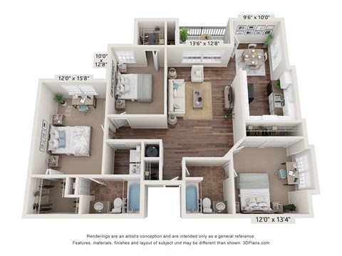 Floor plan for 3 beds, 2 baths, 1385 sqft